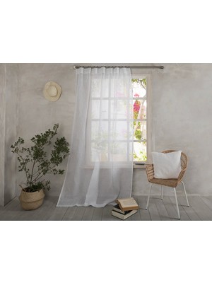 Leo Boutique Curtain Ekru Renk Keten Görünümlü Düz Pilesiz Ekstraforlu Tül Perde - Ütü Istemez Modern Salon Perdesi
