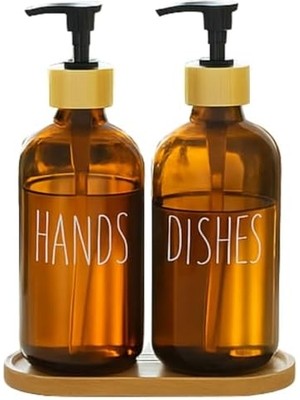 Cam Dispenser Seti – 2’li Şişe (Hands & Dishes Etiketli), Bambu Kapaklı, Sıvı Sabun & Deterjan Pompası
