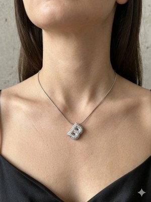 Stainless Steel 316L Çelik B Harfi Gümüş Rengi Taşlı Kolye