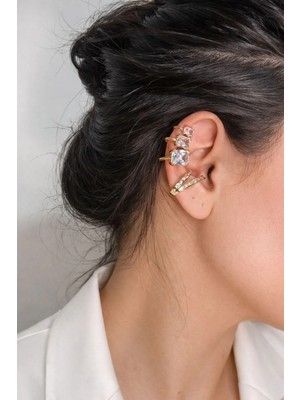Ascera Kare Zirkon Taşlı 2li Kıkırdak Küpe (Ear Cuff) ve Küpe Seti – Gold Çelik Kararmayan Model