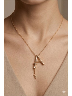 Stainless Steel 316L Altın Kaplama Çelik Taşlı A Harf Kolye (Kararmaz, Paslanmaz)