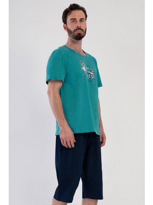 Vienetta Erkek Kısa Kol Kapri %100 Pamuk Silver Pine Pijama Takımı C5T2N4804