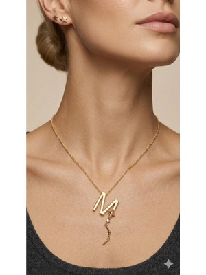 Stainless Steel 316L Altın Kaplama Çelik Taşlı M Harf Kolye (Kararmaz, Paslanmaz)