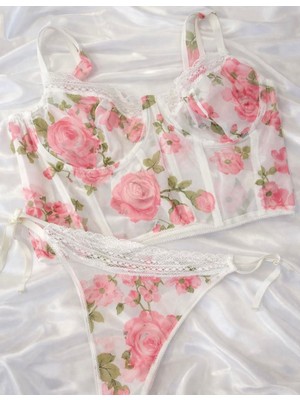 Çiçek Desenli Transparan Büstiyer Takım