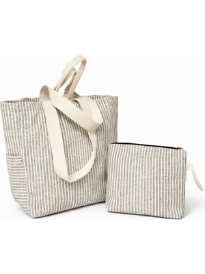 Faralya Life Çizgili Çanta 50X42 cm ve Makyaj Çantası Seti 26*21CM Bez Çanta Kombin Set