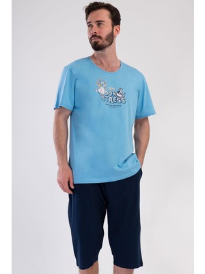 Vienetta Erkek Kısa Kol Kapri %100 Pamuk Mavi Pijama Takımı C5T2N4804