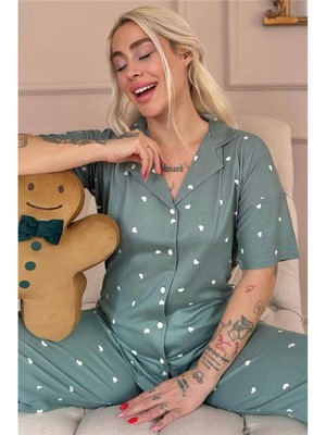 Pijama Evi Yeşil Heart Desenli Bambu Önden Düğmeli Kısa Kol Pijama Takımı
