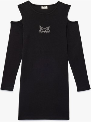 Koton Pencere Detaylı Uzun Kollu Bisiklet Yaka Taşlı Midi Elbise