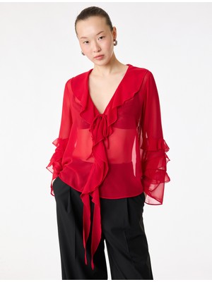 Koton Uzun Kollu V Yaka Fırfırlı Şifon Bluz