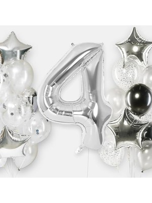 Xesha 4 Rakamı Doğum Günü Balonu Yaş Günü Gümüş Renk Uçan Balon 102 cm Doğum Günü ve Parti Dekorasyonu Büyük Boy Folyo Helyum Uçan Balon Yaş 4 Sayısı