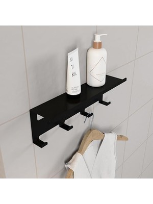 Siyah Metal Duvar Rafı ve Askılık - Çok Amaçlı Askı Aparatatı - Banyo, Mutfak, Giyinme Odası, Kiler ve Oda Kapı Arkaları Için Uygun