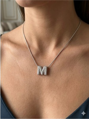 Stainless Steel 316L Çelik M Harfi Gümüş Rengi Taşlı Kolye