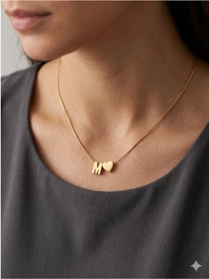 Stainless Steel 316L Çelik Altın Kaplama Minimal M Harfli Kalp Kolye