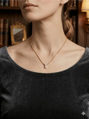 Stainless Steel 316L Çelik T Harfi Altın Rengi Taşlı Kolye