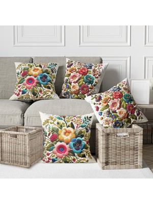 Alkan Homes 4 Lü Kombin Nakış Görünümlü Renkli Çiçek Desen Dijital Baskılı Kırlent Kılıfı