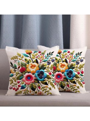 Alkan Homes 2 Li Kombin Nakış Görünümlü Renkli Çiçek Dijital Baskılı Kırlent Kılıfı