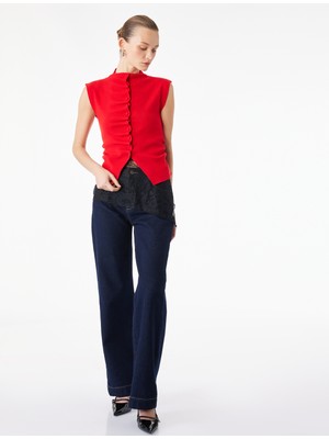 Koton Dik Yaka Düğmeli Drape Detaylı Triko Yelek