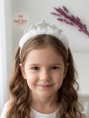 Sweet Twins Accessories Prenses Tacı Yıldızlı Beyaz Peluş  Çocuk Taç Doğum Günü Parti Tacı