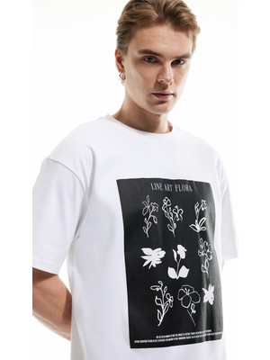 Koton Kısa Kollu Pamuklu Tok Kumaş Bisiklet Yaka Çiçek Baskılı Oversize Tişört