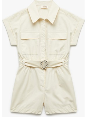 Koton Cep ve Kemer Detaylı Pamuklu Gömlek Yaka Kısa Tulum