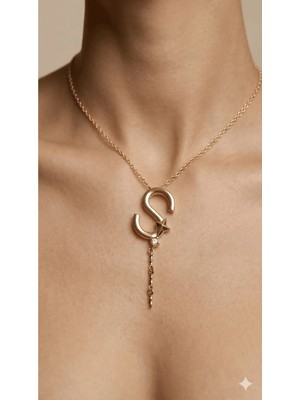 Stainless Steel 316L Altın Kaplama Çelik Taşlı S Harf Kolye (Kararmaz, Paslanmaz)