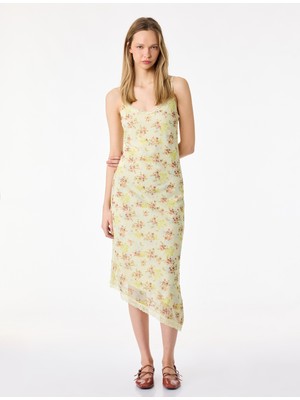 Koton Dantel Detaylı Midi Boy Ince Askılı Çiçekli Elbise