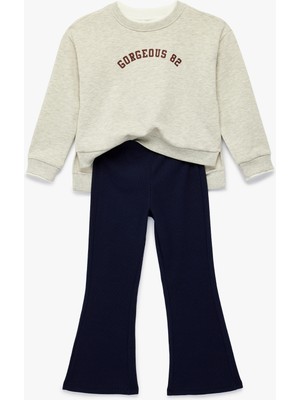 Koton Baskılı Uzun Kollu Şardonlu Sweatshirt ve Ispanyol Paça Pantolon Takımı - 2'li Set