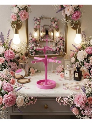 Aplus design Dekoratif Ağaç Figürlü Takı Standı - Kolye Askısı ve Yüzük Tablalı Takı Düzenleyici Organizer - Pembe