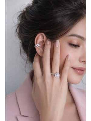 Ascera Zirkon Taşlı Çelik Takı Seti – Kıkırdak Küpe (Ear Cuff) ve Ayarlanabilir Yüzük Kararmayan Gümüş