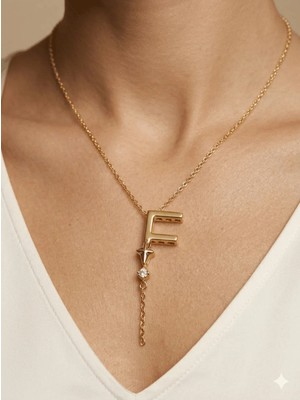 Stainless Steel 316L Altın Kaplama Çelik Taşlı F Harf Kolye (Kararmaz, Paslanmaz)