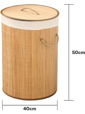 Ekolojik Bambu Çok Amaçlı Saklama Sepeti, Pamuk Bez Iç Astarlı, Kapaklı ve Halat Saplı Modern ve Minimalist Tasarım (Yuvarlak)