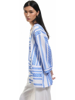 Koton Pamuklu 3/4 Geniş Kollu Nakış Işlemeli Desenli Uzun Kimono