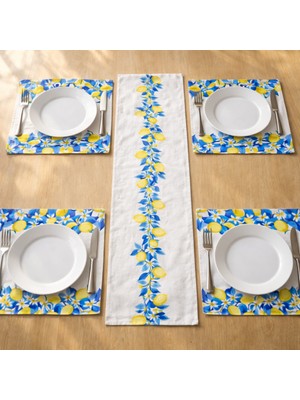 Solmia Home Amalfi Lemon Masa Seti 1 Runner 35X140 + 4’lü Amerikan Servis 35X45 cm Dijital Baskılı Duck Keten – Limon Desenli Akdeniz Sofra Dekoru