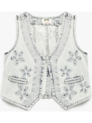 Koton Pamuklu Cep Detaylı V Yaka Çiçekli Crop Denim Yelek