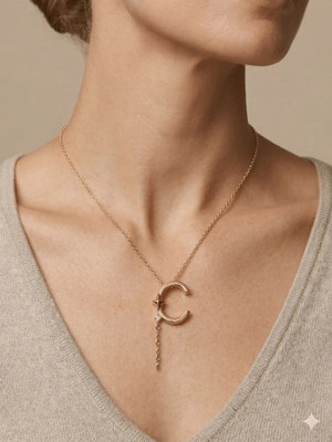 Stainless Steel 316L Altın Kaplama Çelik Taşlı C Harf Kolye (Kararmaz, Paslanmaz)