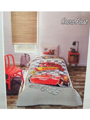 Özdilek Lisanslı Kapitoneli %100 Pamuk Tek Kişilik Çocuk Yatak Örtüsü (160X230)-MCQUEEN Cars Fast Gri