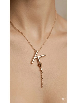 Stainless Steel 316L Altın Kaplama Çelik Taşlı K Harf Kolye (Kararmaz, Paslanmaz)