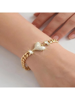 14K Altın Kaplama Işıltılı Zirkon Taşlı Kalp Figürlü Zincir Bileklik