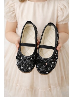 Slipcat Kız Çocuk Payetli Işıltılı Babet Ayakkabı-Lastikli Rahat Kalıp Fiyonk Detaylı Günlük ve Özel Gün