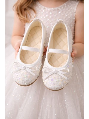 Slipcat Kız Çocuk Payetli Işıltılı Babet Ayakkabı-Lastikli Rahat Kalıp Fiyonk Detaylı Günlük ve Özel Gün
