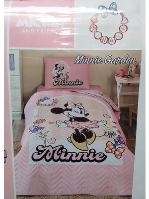 Özdilek Lisanslı Kapitoneli %100 Pamuk Tek Kişilik Çocuk Yatak Örtüsü (160X230)-MINNIE Garden Pembe