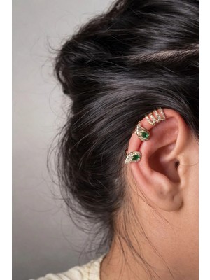 Ascera Zümrüt Damla Taşlı Paslanmaz Çelik Deliksiz 2li Kıkırdak Küpe (Ear Cuff) Seti – Gold Kararmayan Model