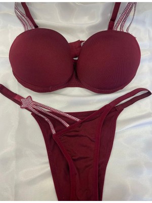 3 Taşlı Bordo Dolgulu Sütyen Takımı