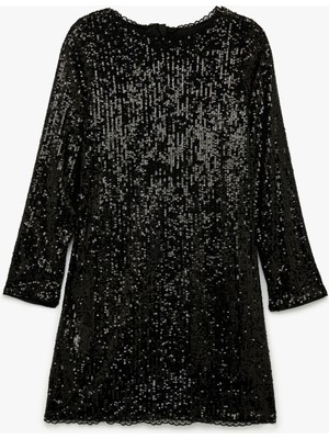 Koton Pullu Payetli Uzun Kollu Bisiklet Yaka Mini Elbise
