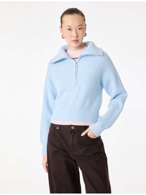 Koton Uzun Kollu Yarım Fermuarlı Devrik Yaka Triko Kazak