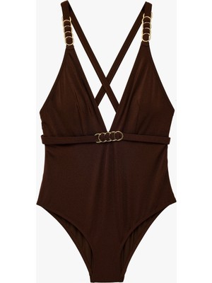 Koton Metal Aksesuarlı Çapraz Askılı Derin V Yaka Mayo