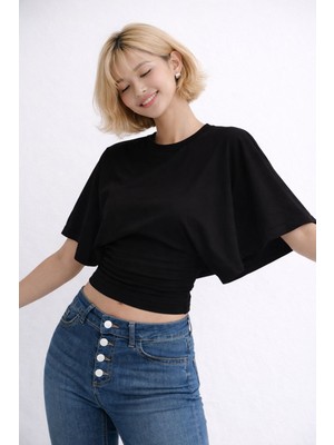 Avakado Bele Oturan Toparlayıcı Crop Bluz Geniş Kollu Üst