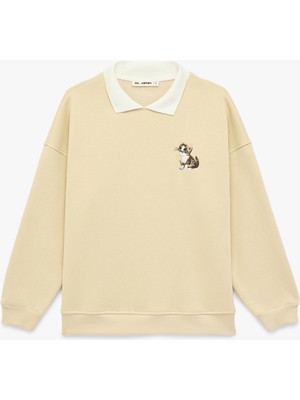 Koton Rahat Kalıp Kedi Nakışlı Uzun Kollu Polo Yaka Sweatshirt