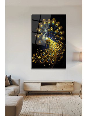 BG Design Ultra Lüks Gold Işıltılı Tavus Kuşu Cam Tablo Altın Parıltılı Ağaç ve Kuş Dekoratif Duvar Sanatı