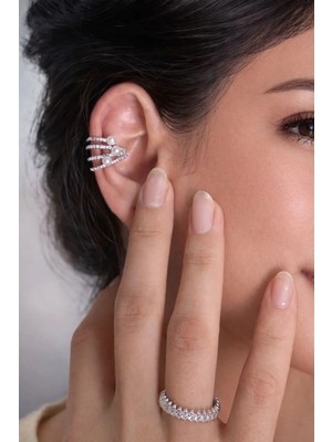 Ascera Inci Detaylı Çelik Deliksiz Kıkırdak Küpe (Ear Cuff) ve Ayarlanabilir Yüzük Seti – Kararmayan Model